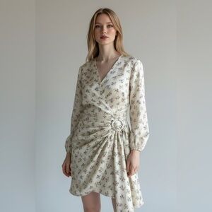 Wayf Cream Floral Long Sleeve Satin Dress